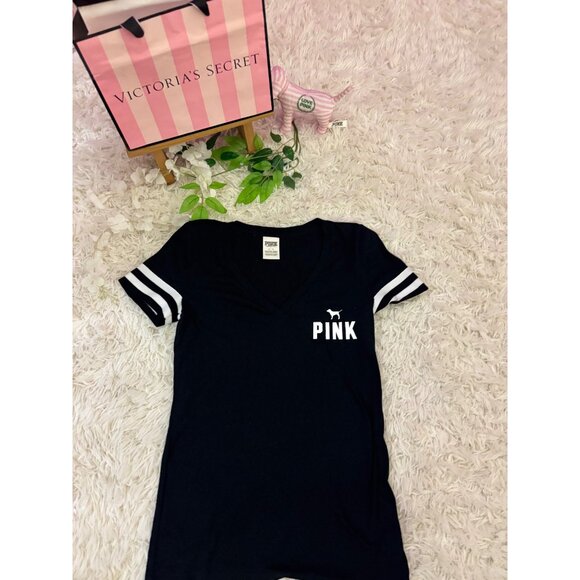 Victorias Secret Pink Black V-Neck T-Shirt With Striped Sleeves Womens Size S - Picture 1 of 11